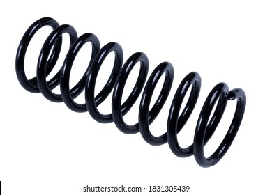 Car Spare Part. Large Metal Spring On White Background. Cushioning Spring Over White Background, Auto Spare Parts. Automotive Suspension Springs On A White Background