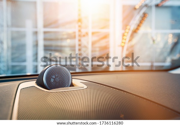 Car\
speakers close up, interior of a new modern\
car