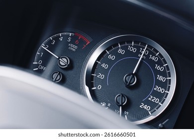 Car speed dashboard closeup. Speedometer and tachometer. Fast driving concept. Auto instrument panel. Modern vehicle detail. Travel and transport. Drive fast. Sport car style. Car interior background.