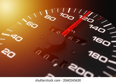 Car Speedometer With The Needle Pointing A High Speed At Blackground, Speedometer With A Red Arrow Indicating Speeding, Conceptual Image For Excessive Speeding Or Careless Driving Concept.Close-up.