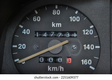 
Car speedometer of the old sample close-up.