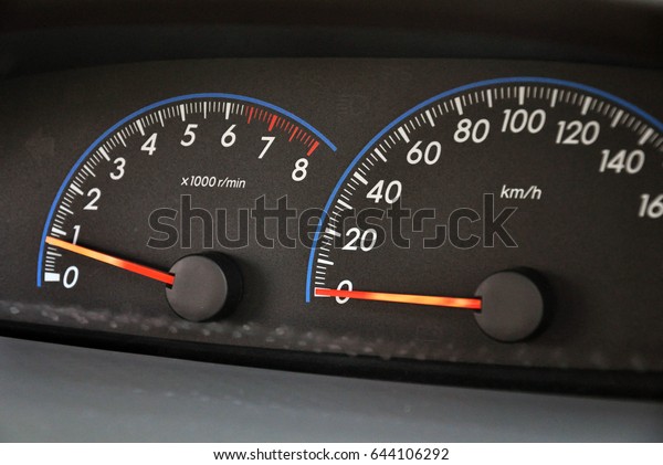 Car speedometer or velocity gauge at low rpm and
low speed.