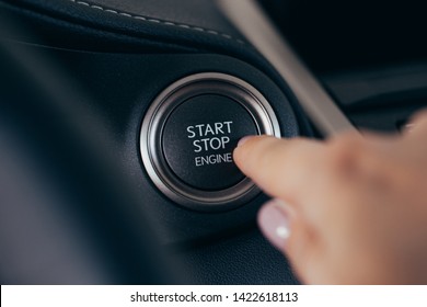 Car Start Stop System With Finger Pressing The Button, Horizontal Image 