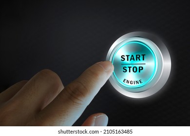 Car Start Stop System With Finger Pressing The Button, Horizontal Image