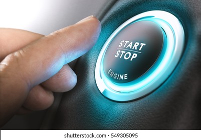 Car start stop system with finger pressing the button, horizontal image - Shutterstock ID 549305095