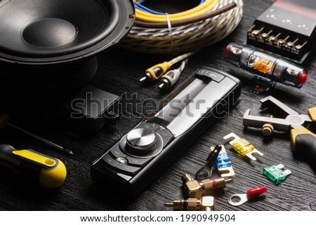 Car stereo audio components background. Car audio system installation background.