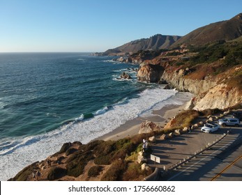 Car Stop At Pacific Coast Highway, Big Sur Area, California