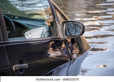 Car Submerged In Flood Water.