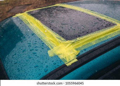 Car Sun Roof. Flow Of Water Inside. Breaking.