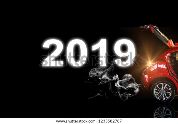 Car tail light\
red color with smoke andnvector 2019 for customers.\
Using\
wallpaper or background for transport or automotive\
automobile and\
happy new year 2019\
image.