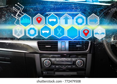 car technology digital virtual screen icon and Wireless communication connecting internet in car technology for transport, automotive, driver image