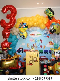 Car Theme Birthday Backdrop For Birthday Party. Red Color Back Drop With Yellow Balloons