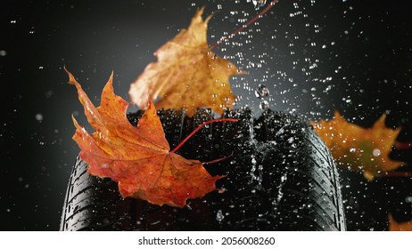 Car Tire With Falling Autumn Leaves And Splashing Water, Macro Photo, Weather Concept. Studio Photo, Free Space For Text.