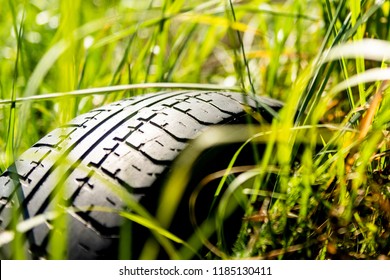 car tire in the grass