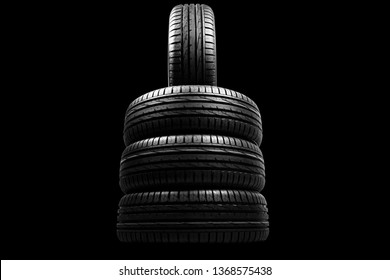 Car Tire Isolated On Black Background. Tire Stack. Car Tyre Protector Close Up. Black Rubber Tire. Brand New Car Tires. Close Up Black Tyre Profile. Car Tires In A Row