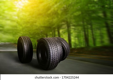 Car Tire On Summer Forest Road With Trees Background. Change For Winter Tire.