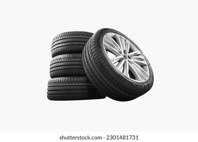 Neumáticos para coches con un gran perfil en la tienda de reparación de coches. Llantas de verano o de invierno delante de una fuente blanca. Sobre fondo blanco.