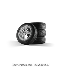 Car tires with a great profile and shiny chrome alloy wheels on isolated white Background.  Set of summer or winter tyres in front of white fond.