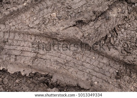 Car tires imprints in muddy ground. Vehicle tire rut in forest footpath. 
Automobile tyre ectype in field mould. Motor car rubber engram in the soil. Squeeze of car rubber tire in the forest ground
