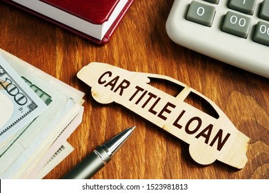 Car Title Loan Concept. Wooden Model Of Vehicle And Money.