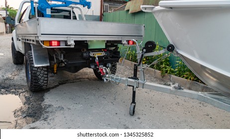 The Car Is Towing The Aluminum Boat, Aluminum, Towing Tail, Towing Boat