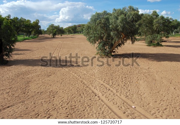 Car track at dried\
river outback Australia