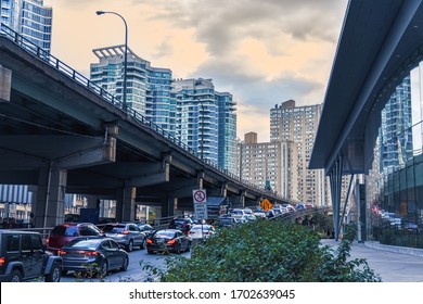 Car Traffic Jam At The Entrance Of A Freeway In Downtown Toronto. City And Transport Concept. Toronto, Ontario, Canada