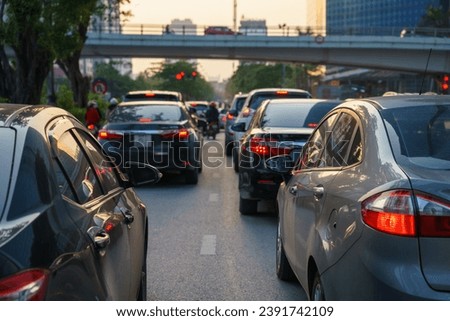 Car traffic jams in the city at rush hour