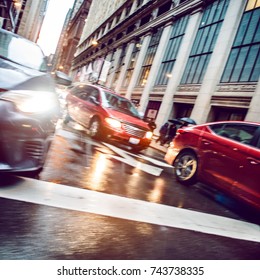 Car Traffic On Busy City Street At Rainy Day. City Rush Lifestyle.