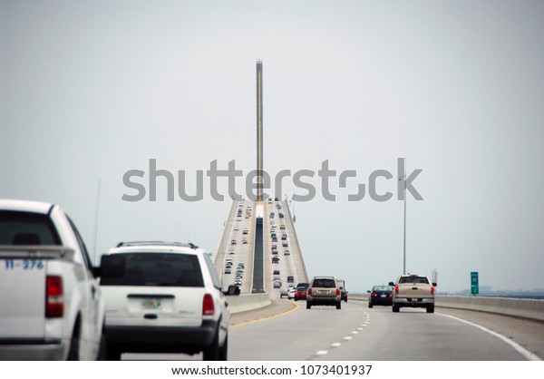 car traffic on the Sunshine Skyway Bridge, Tampa\
, Florida