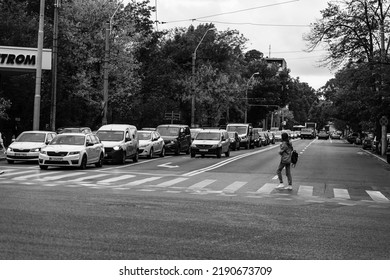 Car Traffic, Pollution, Traffic Jam City Downtown Bucharest, Romania, 2022