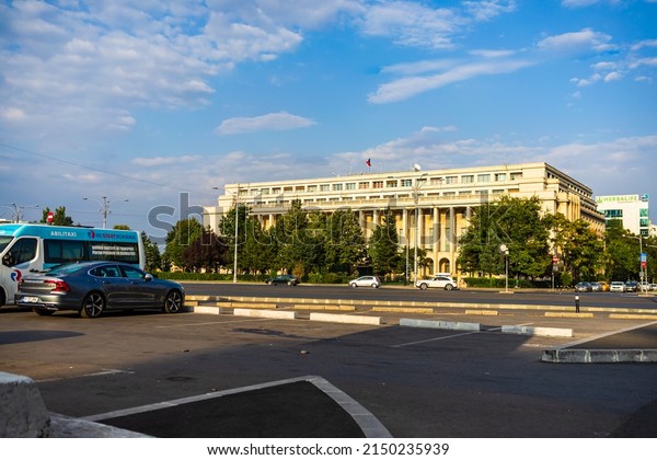 Car traffic,\
pollution, traffic jam in the morning and evening in the capital\
city of Bucharest, Romania,\
2022