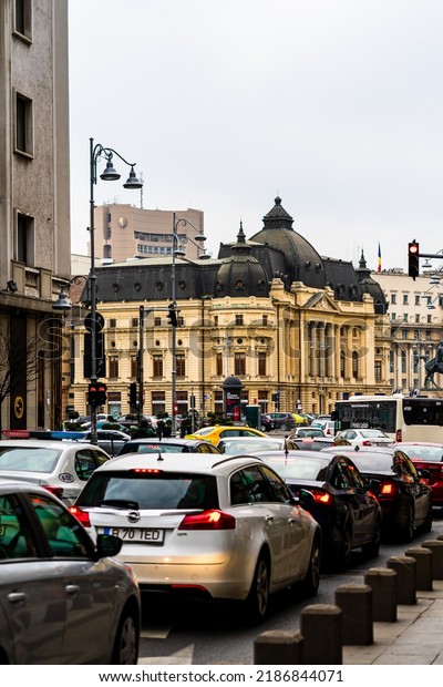 Car traffic,
pollution, traffic jam in the morning and evening in the capital
city of Bucharest, Romania,
2022