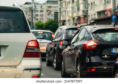 Car Traffic At Rush Hour. Car Pollution, Traffic Jam In Bucharest, Romania, 2022