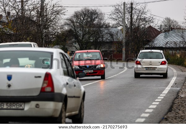 Car traffic at rush hour. Car pollution,\
car on the road in Bucharest, Romania,\
2022