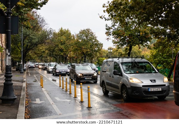 Car traffic at rush hour. Car pollution,\
traffic jam in Bucharest, Romania,\
2022