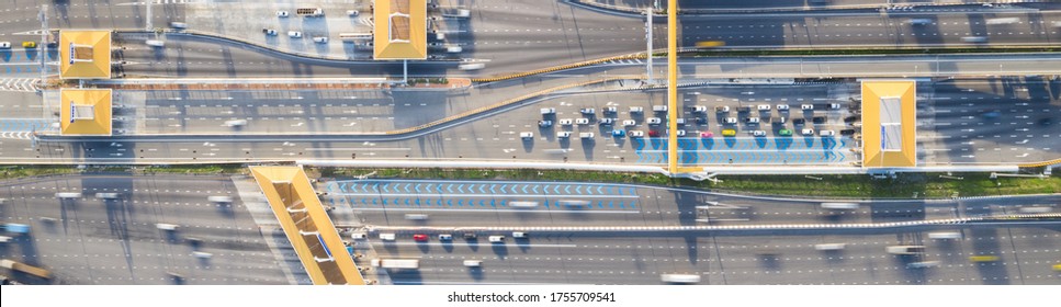 Car Traffic Transportation On Multiple Lanes Highway Road And Toll Collection Gate, Drone Aerial Top View. Commuter Transport, City Life Concept. Banner Size