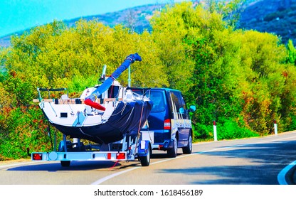 Car trailer with yacht or motorboat on road at Costa Smeralda in Sardinia Island, Italy summer. Minivan with motor boat on motorway on holidays at highway. Olbia province. Mixed media.