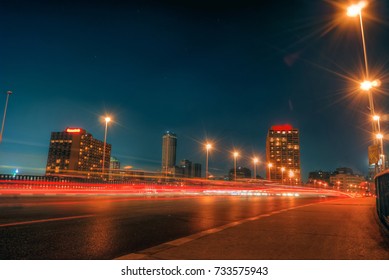 Car Trails At Night On A Bridge In Cairo, Egypt.