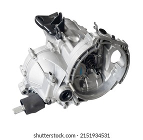 Car Transmission Parts Isolated. New Manual Gear Box Isolated On A White Background. Car Spare Parts. 