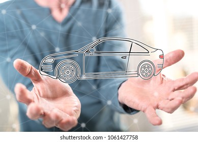 Car transport concept above the hands of a man in background