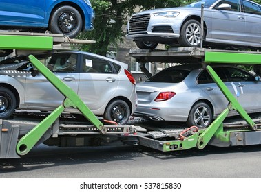 Car Transporter Trailer On The Road