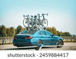 Car is transporting bicycles on the roof