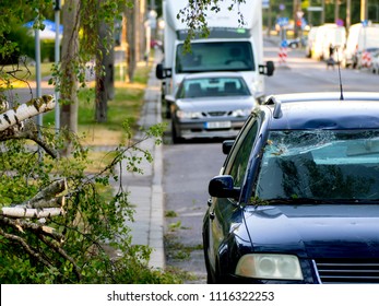 Car Trapped Under Fallen Tree After Wind Storm On June, 2018 In Tallinn City, Estonia. Broken Windshield. The Concept Of An Emergency Situation