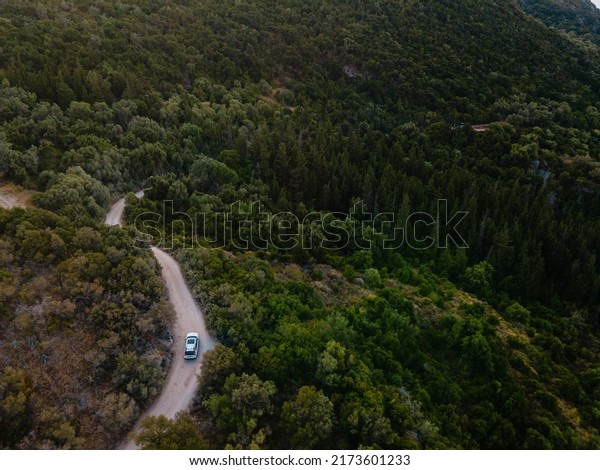 car travel overhead view of moving by trail road\
copy space