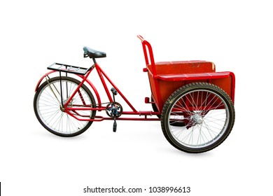 Car Tricycles red color in retro countryside and vintage style. the brush comes from a bicycle to use in transporting items isolated on white background.