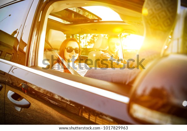Car\
trip and people in car. Free space for your text.\
