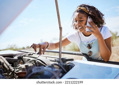 Car Trouble, Phone Call And Woman Call For Help On Road Trip, Stuck A Street And Looking At The Engine. Stop, Stress And Anxiety With Black Woman In The Countryside, Nervous Driver Traveling Alone