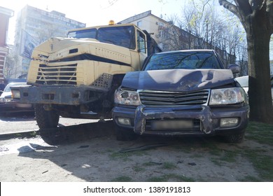 Car And Truck Big Cars Crashed In Tree, Accident On The Road In The City	