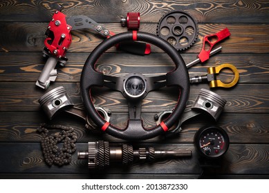 Car tuning flat lay concept background. Sport car accessory. - Shutterstock ID 2013872330